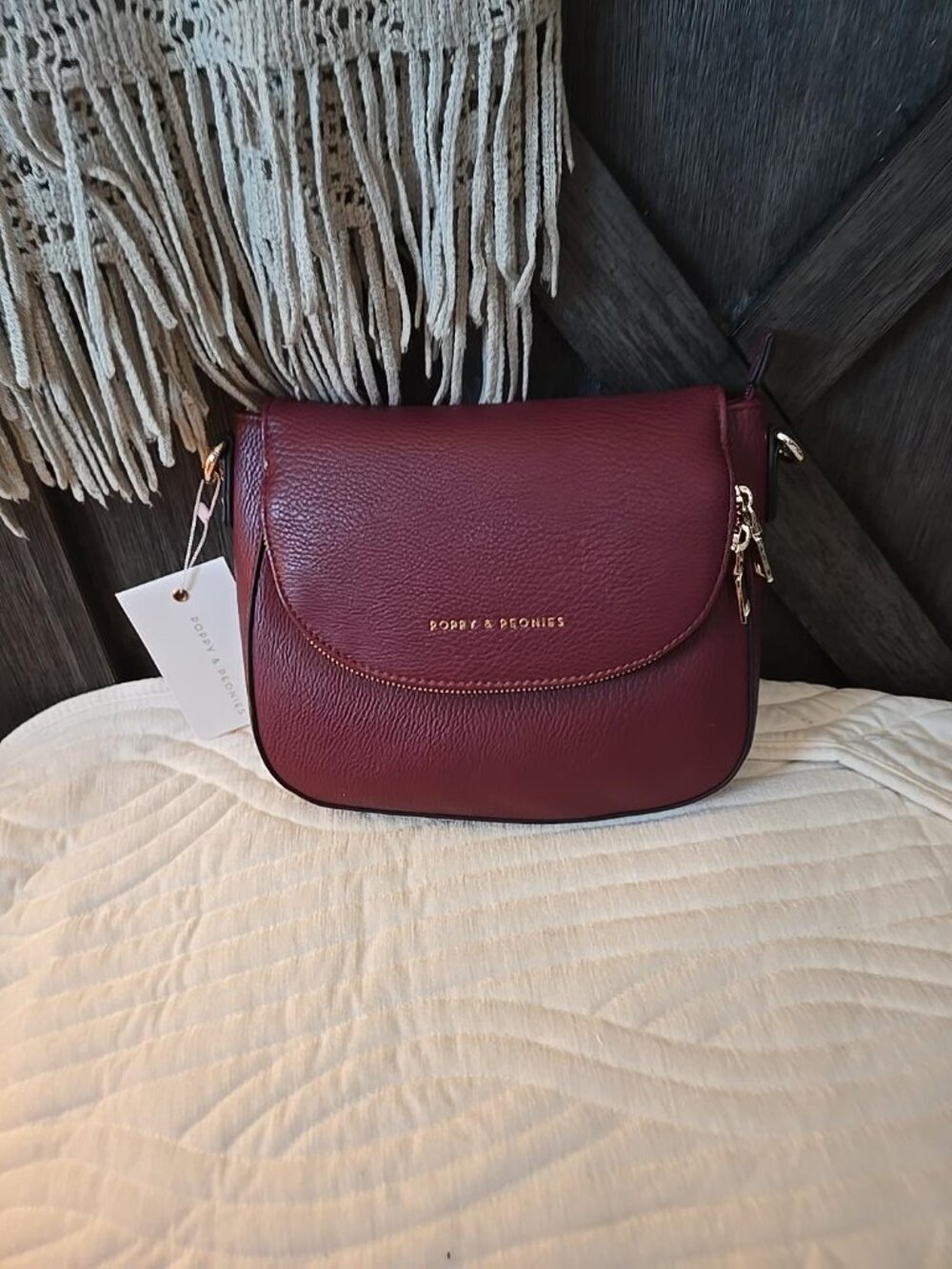 Poppy & Peonies Burgundy Crossbody Bag with Gold Hardware